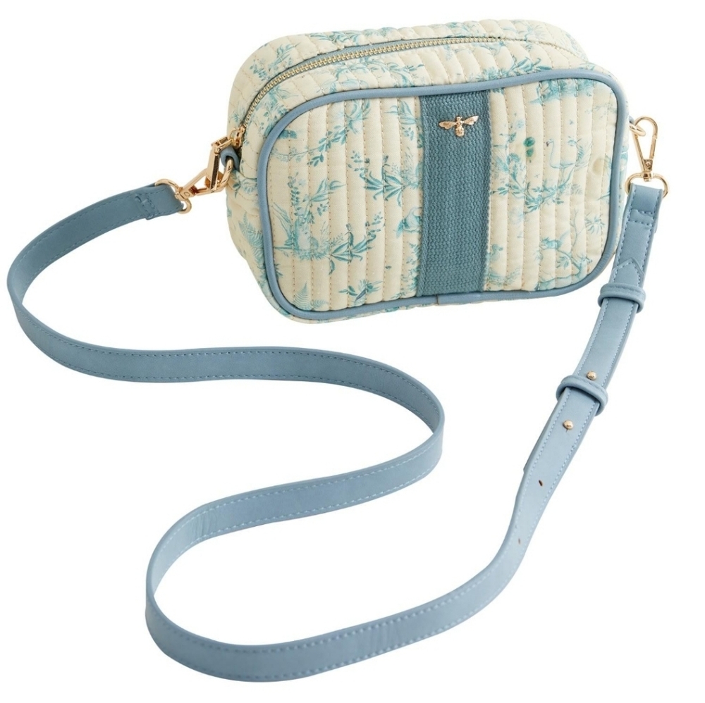 Fable England Fable Toile De Jouy Blue Crossbody Bag Gold Hardware Bee Motif NWT